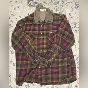 Columbia plaid flannel shirt with green and burgundy hues